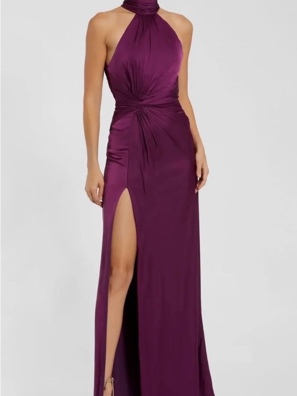 Mac Duggal Plum One-Shoulder Halter Gown with Side Slit